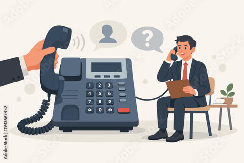 Businessman in suit having a job interview via phone call or conference meeting on telephone, smart confident candidate talking to recruiter or employer for hiring and career recruitment.