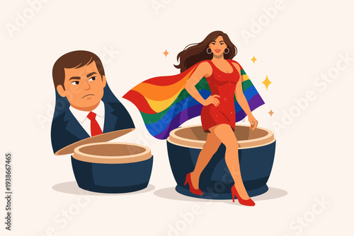 LGBTQ+ Pride and Transgender Rights Concept: A Beautiful Woman in a Red Dress with a Rainbow Flag Cape Steps Out of a Stern Male Matryoshka Doll, Representing Coming Out and True Self Identity.