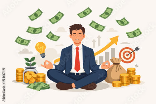 Successful Businessman Meditating for Financial Growth and Wealth. Concept of Money Mindset, Investment Prosperity, and Achieving Business Goals with Falling Cash, Coins, and Rising Profit Chart.