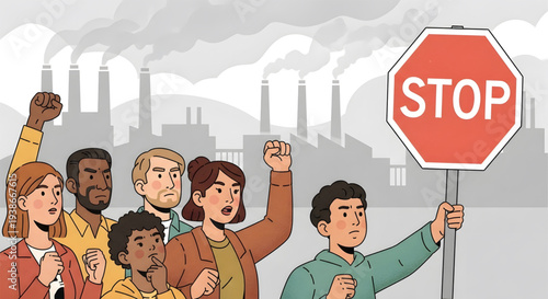Protesters with stop sign against pollution.