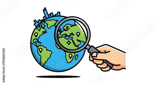 Hand Holding Magnifying Glass Over Globe.