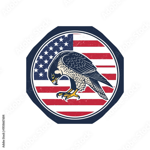 Octagonal emblem featuring a peregrine falcon in front of an american flag background symbolizing freedom and patriotism with bold colors and detailed design