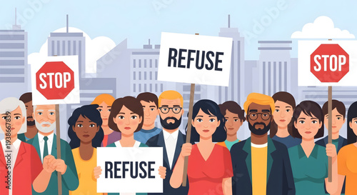 Diverse crowd protesting with refuse signs.