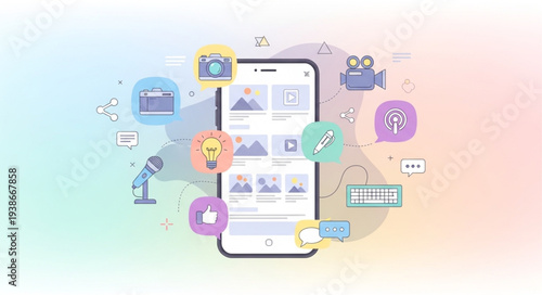 Smartphone with floating digital icons and interface.