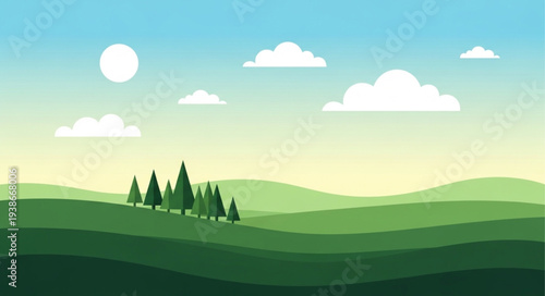 Green Hills and Trees Landscape Scene.