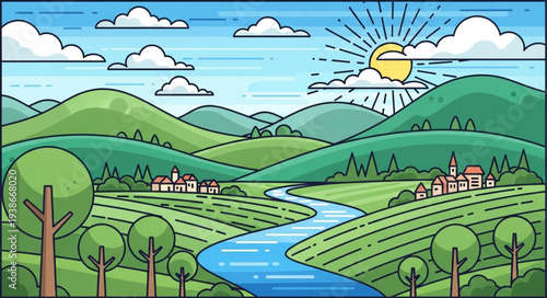 Illustration of Green Landscape with River.