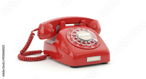 Vintage Red Rotary Telephone on White.