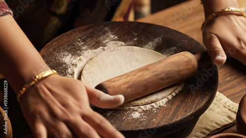 Indian Woman With Golden Bangles Rolling Dough With Wooden Rolling Pin On Rustic Wooden Board In Warm Natural Light Preparing Traditional Flatbread