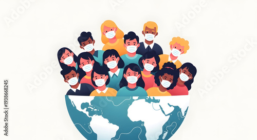 Diverse people wearing face masks globe.