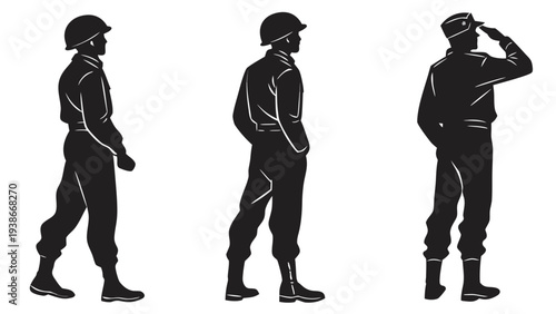 Soldiers in various poses showing military uniforms and salutes