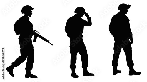 Soldiers in various poses, walking and saluting