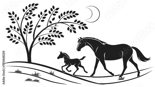 Majestic horses roaming freely under crescent moonlight