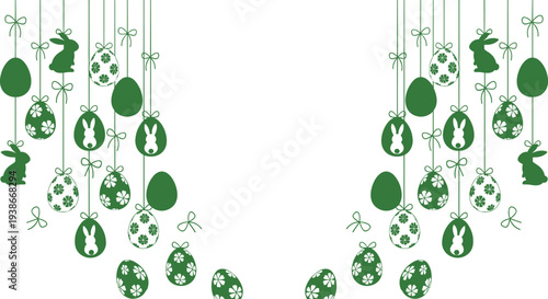 Easter bunny and egg decorations hanging from strings