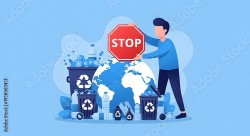 Man stopping pollution with recycle bins.