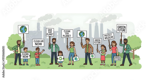 Diverse group of people protesting environment.