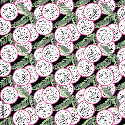 Colorful pattern featuring dragon fruit slices and green leaves on a dark background.