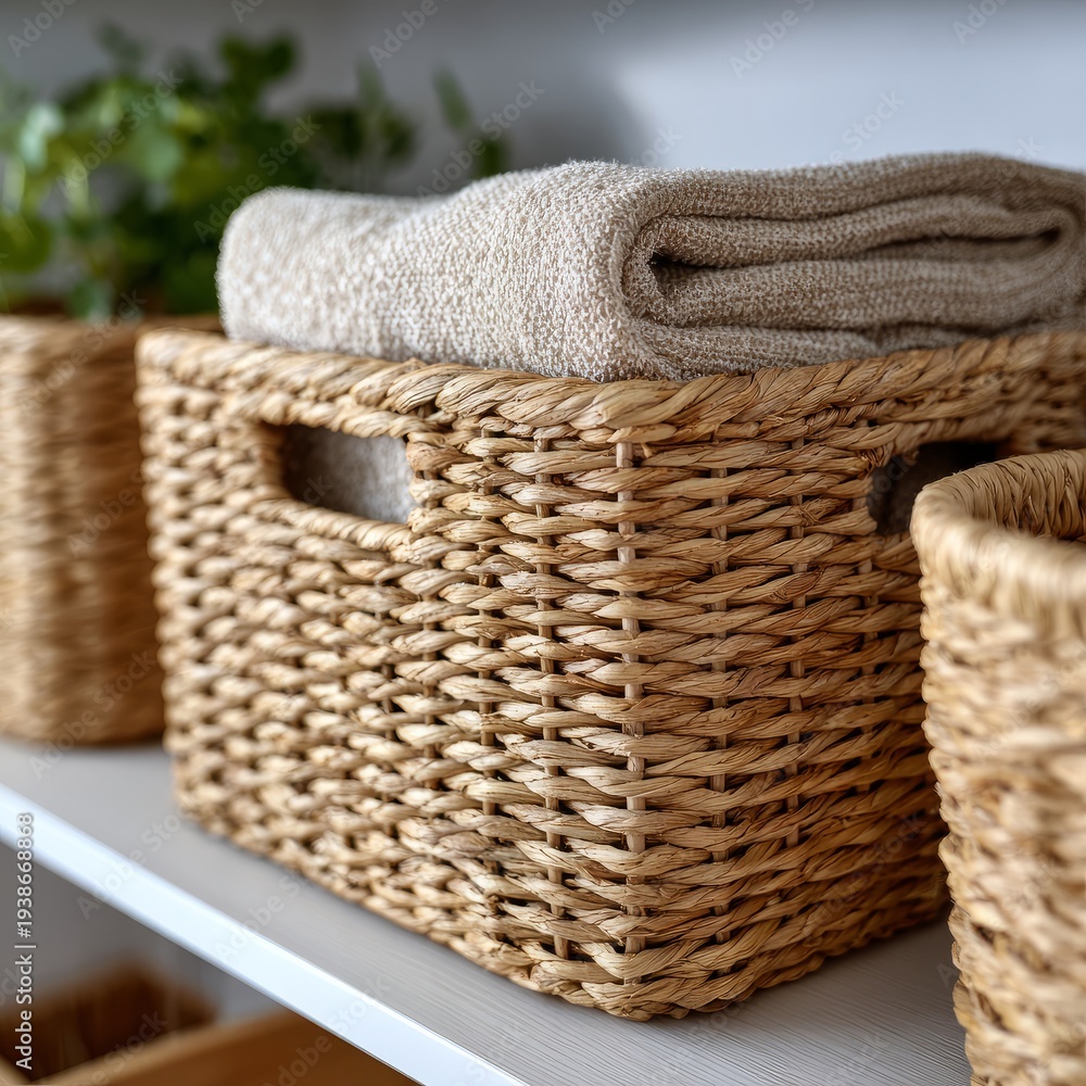 Obraz premium Natural woven storage baskets with towels on shelf in bathroom