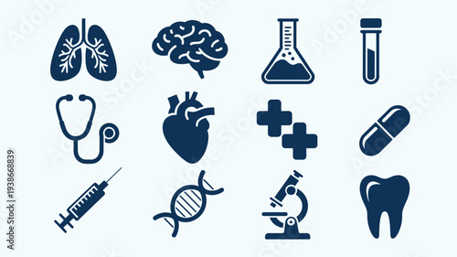 A clean vector illustration featuring various medical icons in a flat design style, including organs, equipment, and symbols, on a light background, ideal for healthcare and medical concepts.