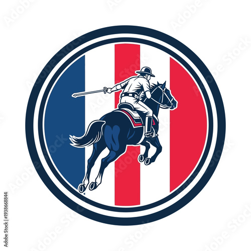 Polo player riding horse with mallet in action against red white and blue striped background in circular emblem