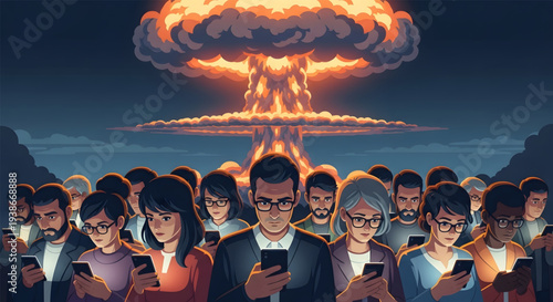 People watching smartphone nuclear explosion.