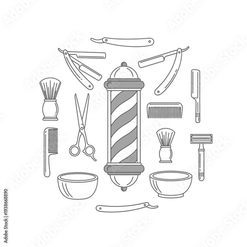 Barber Shop Tools and Equipment Line Art Illustration.