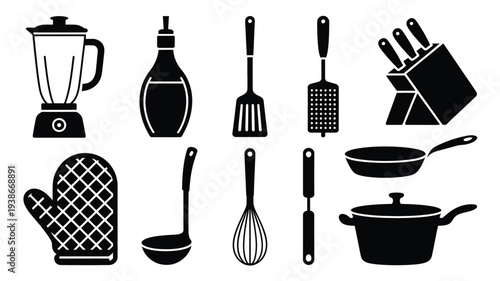 A clean vector illustration featuring various kitchen utensils and tools in a flat design style, including a blender, oil bottle, spatulas, knives, pots, and more on a white background.
