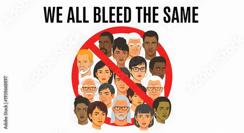 Diversity faces united against hate symbol.