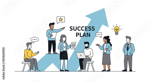 Business team collaborating on a strategic success plan standing on a large upward arrow representing growth.