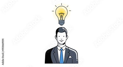 Businessman with glowing light bulb above head representing a new idea.