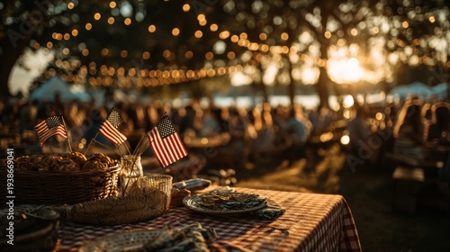 Outdoor american picnic celebration with string lights and american flags at sunset