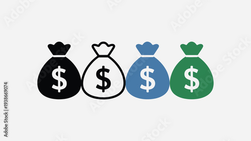 A vibrant vector illustration of four money bags in different colors, each featuring a prominent dollar sign, set against a clean and neutral background, ideal for financial and business concepts.