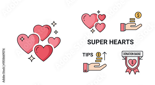 Colorful vector icon set for social media featuring Super Hearts tips and donation goal symbols.
