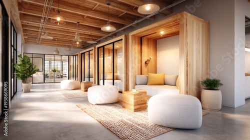 Modern office lounge with cozy wooden pods, soft seating, plants, and natural light, designed for relaxation and informal meetings.