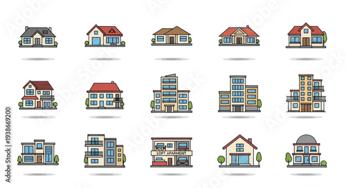 A diverse collection of colorful house and building icons featuring various architectural styles in a flat line art design.