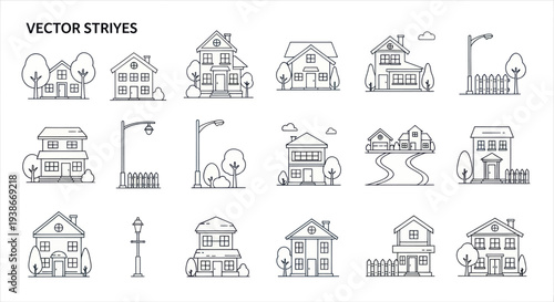 Collection of Outline Vector Houses and Residential Buildings with Trees and Fences.