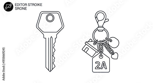Key and Keychain with House Charm and Tag Line Art Illustration.