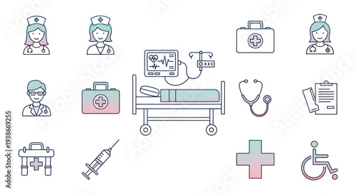 A set of medical and healthcare line art icons with subtle color gradients featuring a hospital bed nurse and doctor.