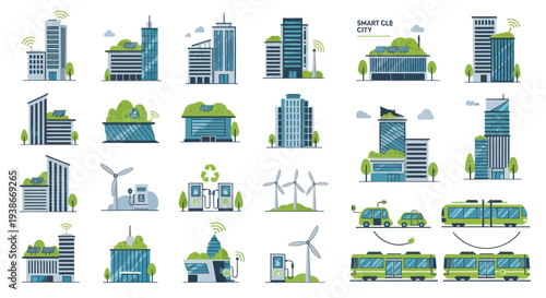 Modern Eco City Illustrations with Green Buildings Wind Power and Electric Vehicles.