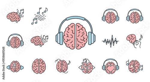 Collection of stylized brains with headphones and musical notes.
