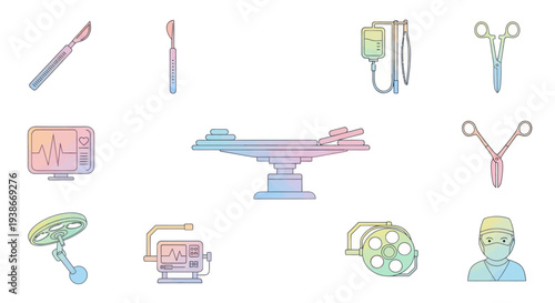 Set of colorful outline medical and surgical instruments equipment and a surgeon.