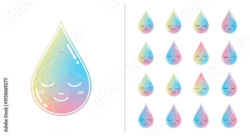 Adorable Rainbow Water Droplet Character with Closed Eyes and Smiling Face.