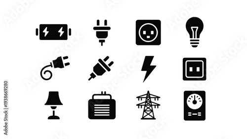 A set of 12 black and white vector icons depicting various electricity and power concepts, including a battery, plug, socket, light bulb, and more on a clean white background.