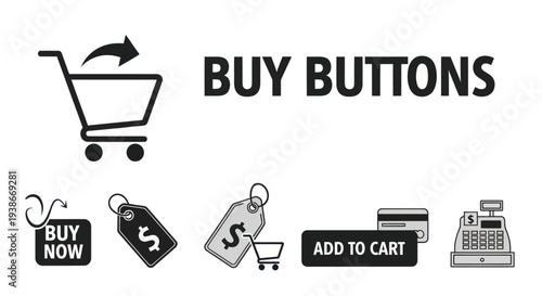 Vector graphic illustration set of online shopping and e-commerce buy buttons and icons.