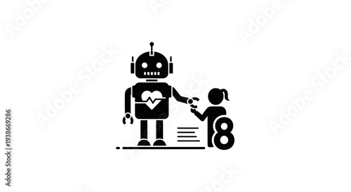 Black silhouette icon of a robot with a heart symbol and a child.