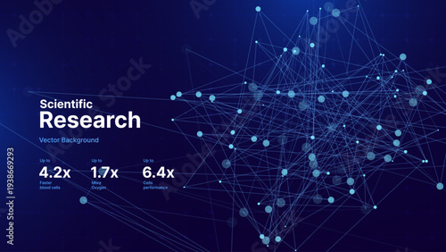 Digital Tech Network Plexus Effect with Glowing Nodes on Dark Blue Background. Abstract Data Flow Concept for Innovation and Science Research Presentation Backdrops. Vector Illustration.