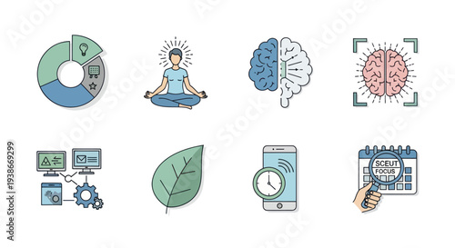 Collection of Icons Representing Brain Function Health and Technology.