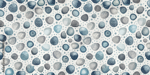 Abstract pattern of diverse circular shapes with varying textures and shades of blue and gray Vector