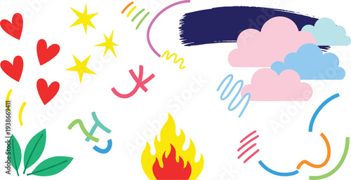 Whimsical illustration of various colorful symbols and emojis