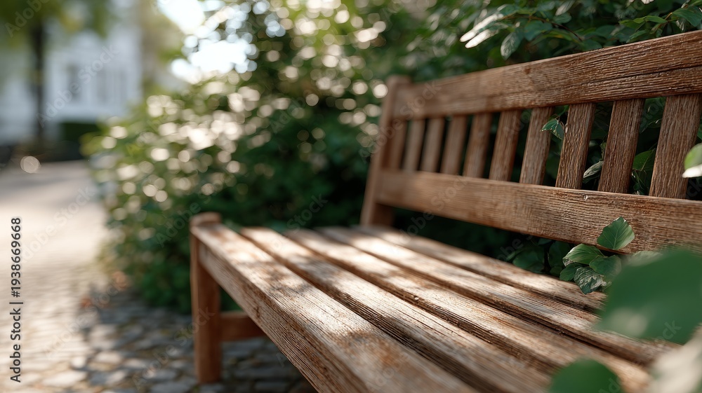 Fototapeta premium Wooden park bench in sunlight surrounded by greenery