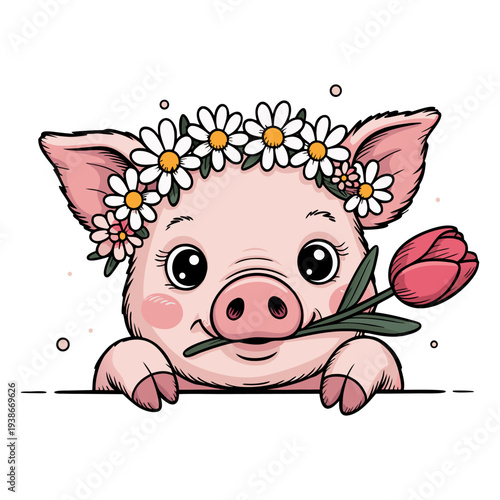 Cute Baby Pig with Flower Crown Holding Tulip – Adorable Cartoon Animal Illustration